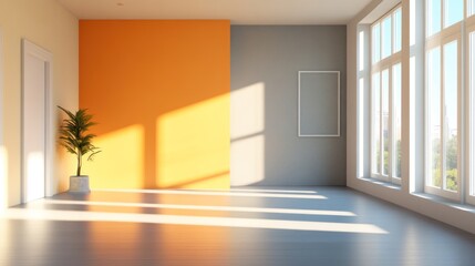 Sunny Interior Empty Room with Orange and Gray Walls