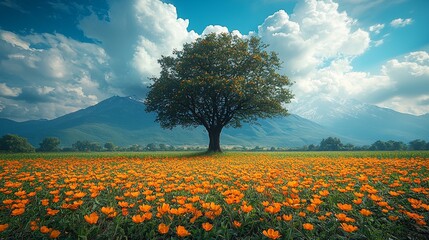 Obraz premium A lone tree in a field of orange flowers under a cloudy sky