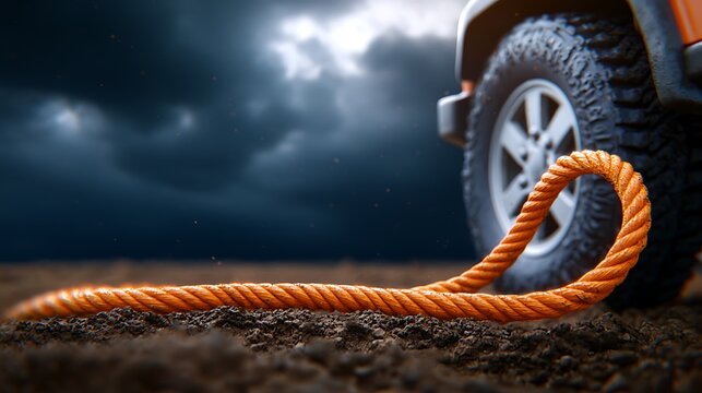 Close-up of an orange rope beside a rugged vehicle tire on a stormy landscape