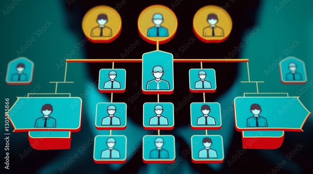 Poster corporate hierarchy network structure: digital organizational chart with team connectivity