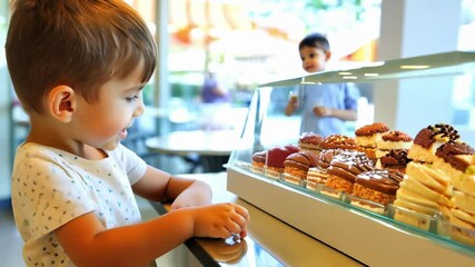 Excited caucasian boy gazing at assortment of delicious pastries in bakery. concept of childhood joy, sweet treats, bakery delights, culinary curiosity, happy child