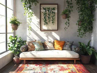 A comfortable indoor space with lots of lush green plants
