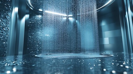 Serene indoor waterfall shower with ambient lighting and spa decor high resolution picture