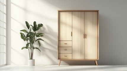 Modern Wooden Wardrobe with Stylish Design and Indoor Plant
