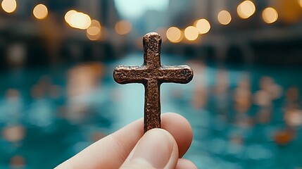 Hand Holding Small Bronze Cross Against Teal Water Bokeh