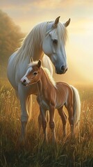 Majestic mare her foal stand misty meadow dawn their soft breath visible cool air foal nuzzles mother neck symbolizing tenderness protection Ultra detailed mane hyper realistic muscle definition