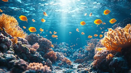 Fototapeta premium A large group of fish swimming over a coral reef