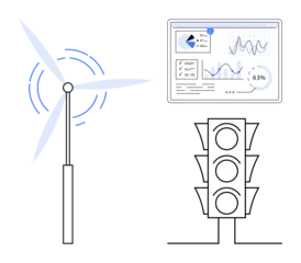 Fotobehang Wind turbine, traffic lights, and data graphs highlight clean energy, smart technology, and analytics. Ideal for sustainability, innovation, renewable energy, efficiency technology data future © robu_s
