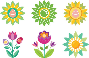 "Happy Easter Icon Set – Colorful Easter Eggs & Wicker Basket with Tulips, Bows & Patterns | Cute Bunnies & Holiday Symbols | Vector Illustration"