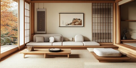 Beautiful Japanese interior design with wooden furniture and decor
