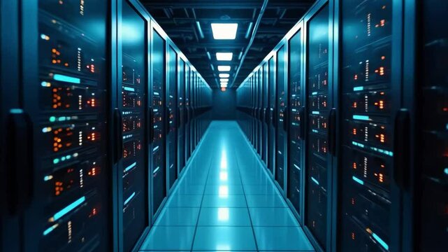 A sleek, futuristic data center with rows of glowing servers lining a blue-lit corridor. The ambient lighting and advanced technology create a high-tech and cinematic atmosphere. Generative AI