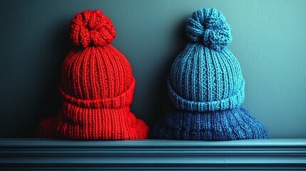 Two knitted hats sitting on top of a mantle