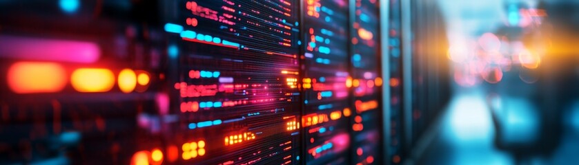 Colorful data center server racks illuminated.