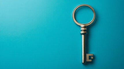 Close-up of an antique brass key with keyhole, isolated on a turquoise blue background, featuring detailed texture and minimalistic design, symbolizing security, opportunity, and success