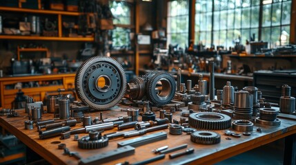 Obraz premium Close-up view of disassembled car transmission gear on workbench. Parts meticulously arranged for repair maintenance at garage factory. Industrial mechanism. Complex gear system 32k Resolution