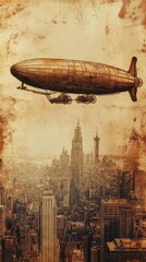 Fototapeta premium A vintage airship hovers above a large detailed cityscape below