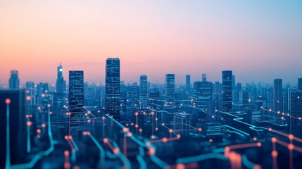 Obraz premium Futuristic city skyline with digital connections.