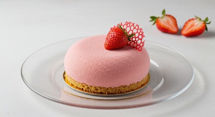 Elegant Pink Mousse Cake with Strawberries and Lace Garnish on Glass Plate