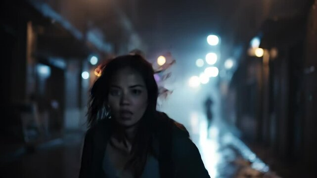 Scared young woman like in thriller or horror movie in rain, face of frightened girl escaping danger, person runs down dark city street. Concept of chase, fear