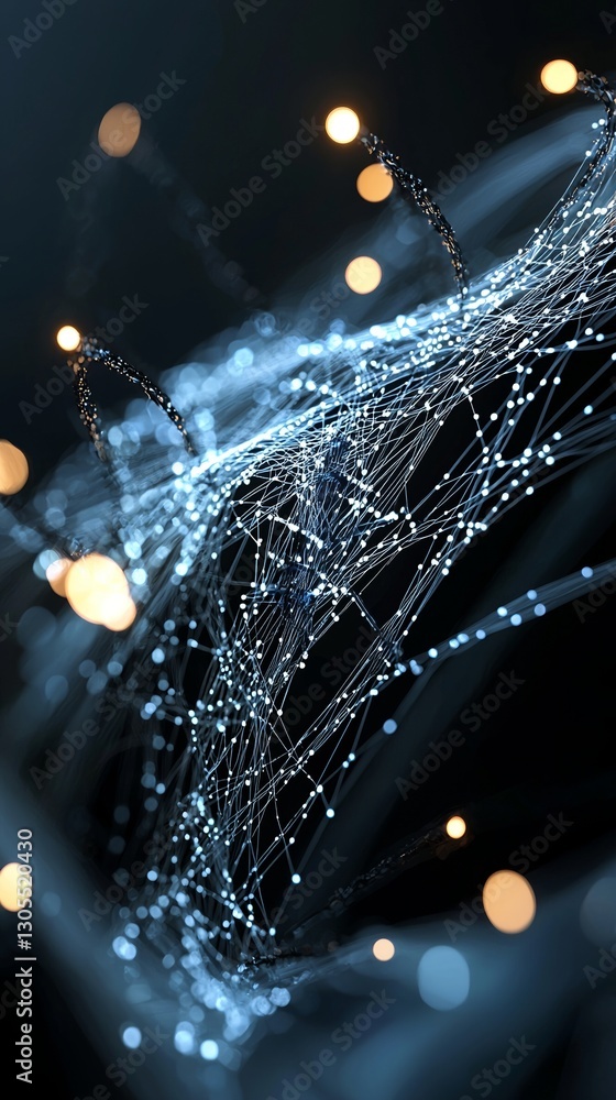 Poster A quantum computing system's abstract technology background features a cyber network grid and connected particles, along with artificial neurons and global data connections