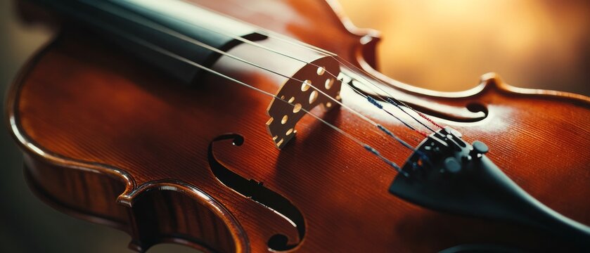 Close-up of a violin captures the elegance and warmth of its polished wood, focusing on the bridge and fine strings under ambient lighting. - Powered by Adobe