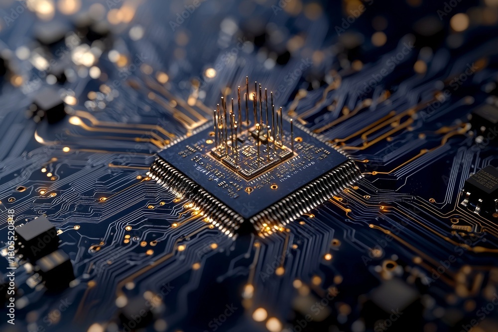 Poster computer technology and internet concept featuring a circuit board with a cpu and a motherboard syst