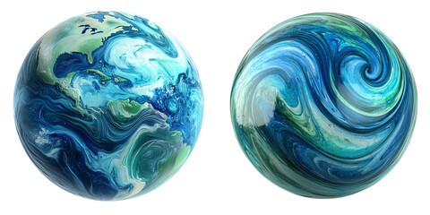 Abstract Earth-Inspired Spheres with Fluid Art Swirls Isolated on Transparent Background

