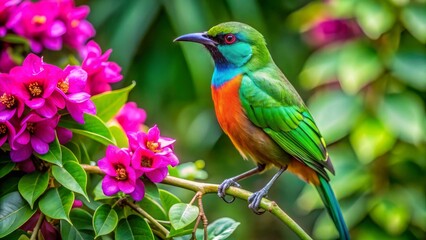 Fototapeta premium Vibrant tropical bird perched on a flowering branch, showcasing its iridescent plumage amidst lush green foliage and vivid pink blossoms.