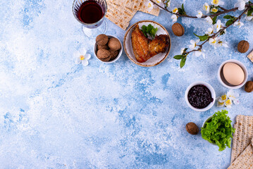 Traditional Passover Seder plate with symbolic foods. Symbolic of Jewish holiday Pesah.