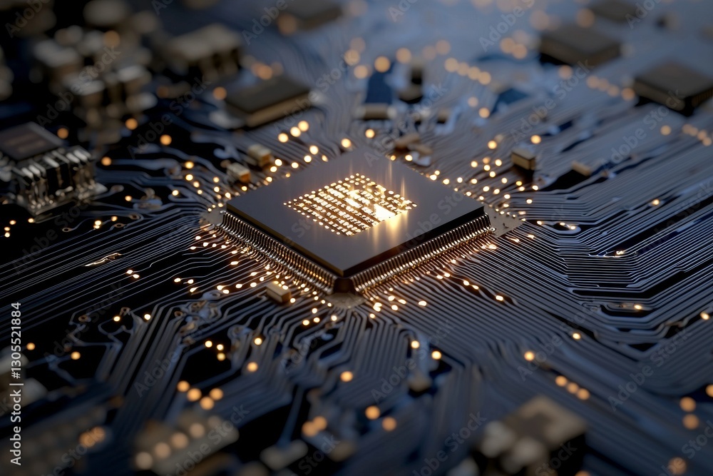 Poster a motherboard system chip with a glowing processor represents computer technology and internet conce