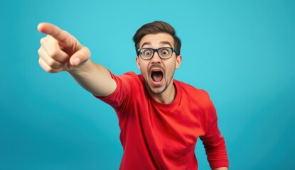 Naklejka premium Excited Young Man in Red Shirt Pointing and Shouting Against Blue Background