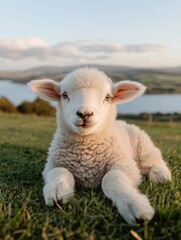 Obraz premium A close-up of a little lamb lying on its side in the grass with space for text.