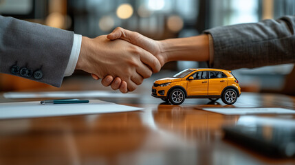 Business handshake with yellow car model finalizing automobile deal