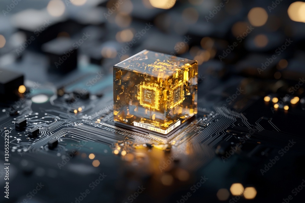 Poster a data storage cube is situated between neon pathways, symbolizing quantum computing, database, and 