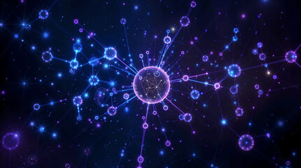visualization of quantum entangled particles with glowing blue and purple energy strands connecting them against a deep space background