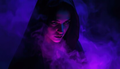 Mysterious Woman in Cloak Surrounded by Purple Smoke and Shadows
