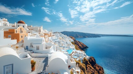 Stunning White Washed Buildings and Cliffs Overlooking the Turquoise Waters of Santorini Greece