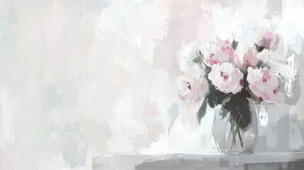 A serene, impressionistic depiction of peonies in a vase, blending soft pastel hues with a gentle, airy background.