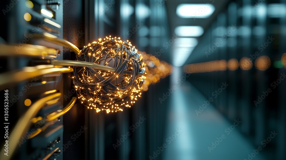 Poster a server room in a company that is working on a quantum computer features a network background with 