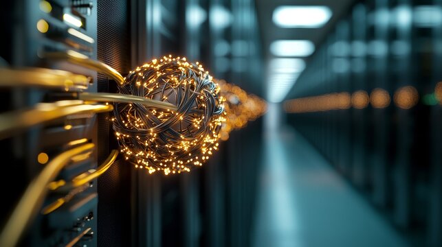A server room in a company that is working on a quantum computer features a network background with internet cables, wires, and a switch