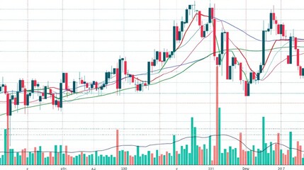 Market trading graph illustrates currency fluctuations with various candlestick patterns, connected moving averages, and volume indicators throughout the trading period.