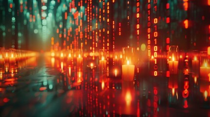 A trading graph displays fluctuating currency values amidst vibrant candlelight. Glowing binary code overlays create a striking contrast, symbolizing digital finance.