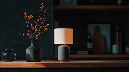 Elegant home decor featuring a table lamp and flower arrangement for interior design