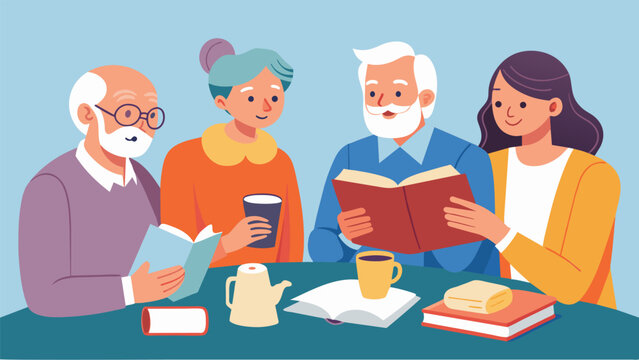 The book clubs lively debate is interrupted by frequent pauses for elderly members to share fond memories sparked by the books setting or characters.. Vector illustration