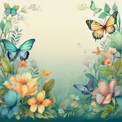 Fototapeta premium beautiful border frame of hand drawn colorful flowers and colorful butterflies background, graphic resource