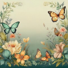 beautiful border frame of hand drawn colorful flowers and colorful butterflies background, graphic resource