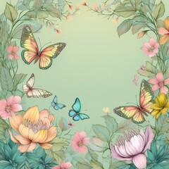 beautiful border frame of hand drawn colorful flowers and colorful butterflies background, graphic resource