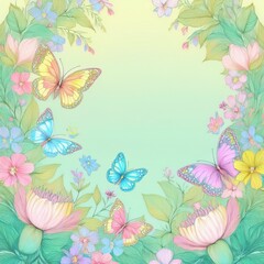 beautiful border frame of hand drawn colorful flowers and colorful butterflies background, graphic resource