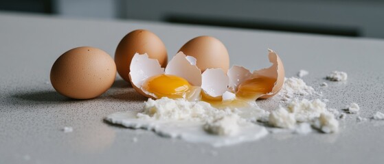 Broken eggs spill onto a kitchen surface amidst flour, evoking a sense of culinary adventure or mishap in cooking endeavors.