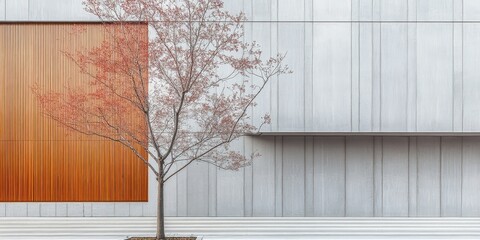 A Tree Stands Before Modern Architecture With Wooden Accents